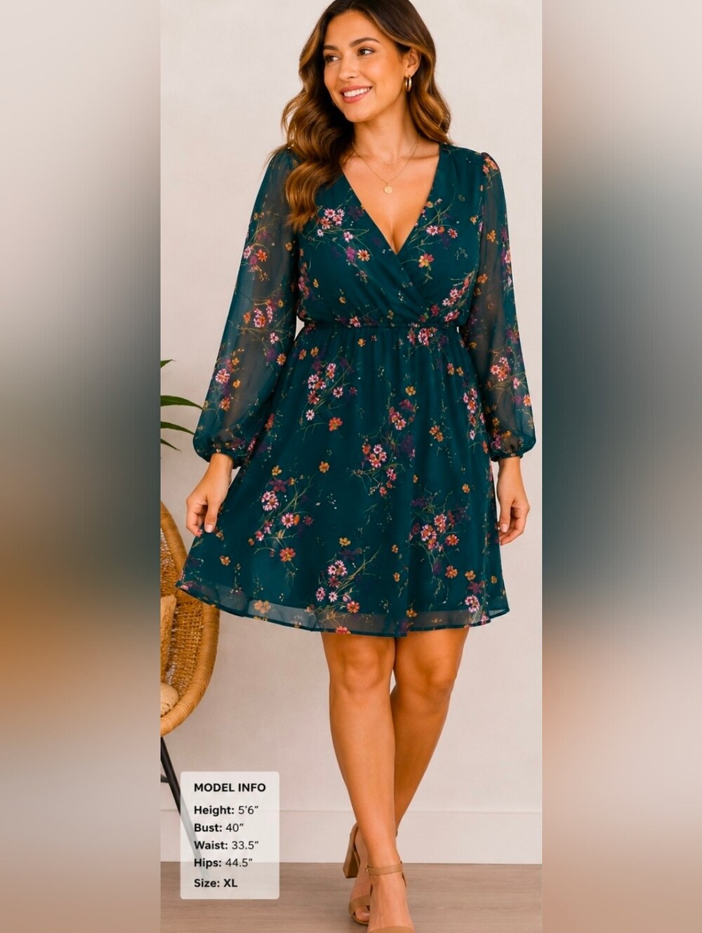 Cupshe Teal Floral Long-Sleeve Wrap Dress